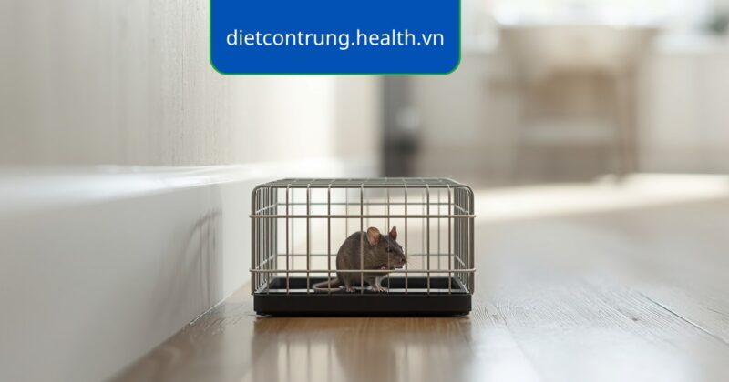 Bẫy lồng chuột đặt sát chân tường trong bếp, minh họa các loại bẫy chuột phổ biến