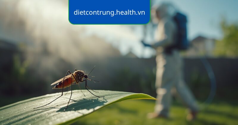 Kỹ thuật viên phun xử lý muỗi ngoài trời tại khu vườn nhà ở, minh họa dịch vụ diệt muỗi chuyên nghiệp